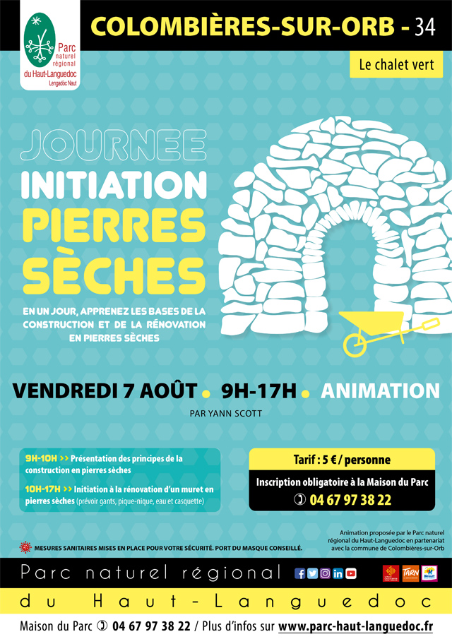 Affiche Journée Initiation pierres sèches le 7 août 2020 à Colombières sur Orb (34)