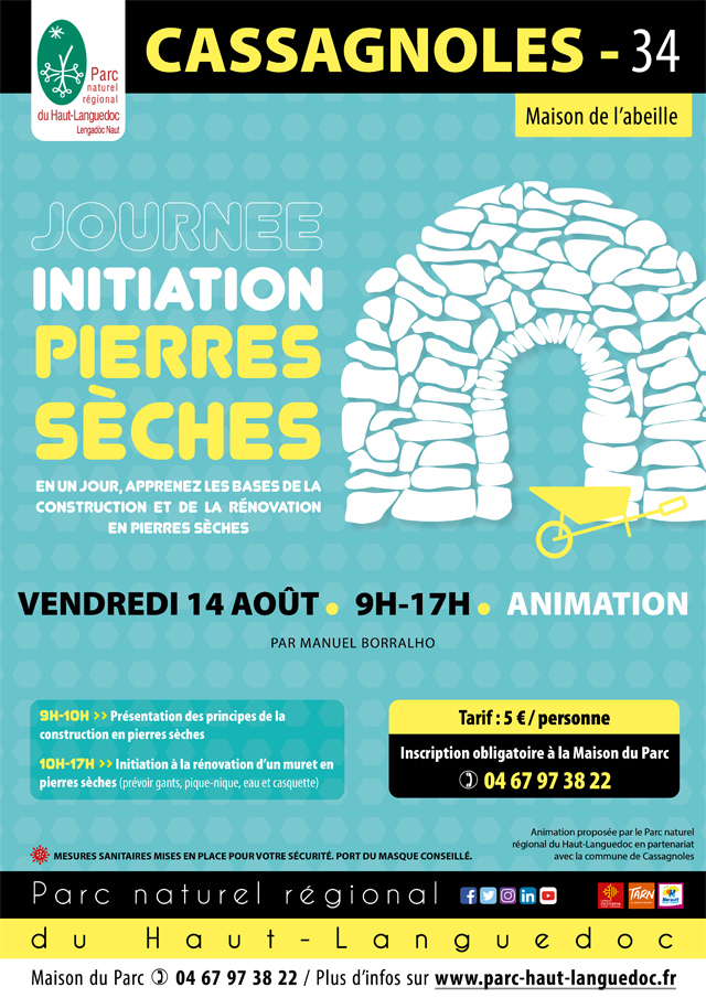 Affiche Journée Initiation pierres sèches le 14 août 2020 à Cassagnoles (34)