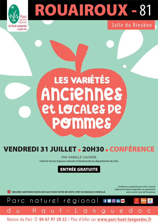 Affiche Conférence "Les variétés anciennes et locales de pommes" organisée par le Parc naturel régional du Haut-Languedoc