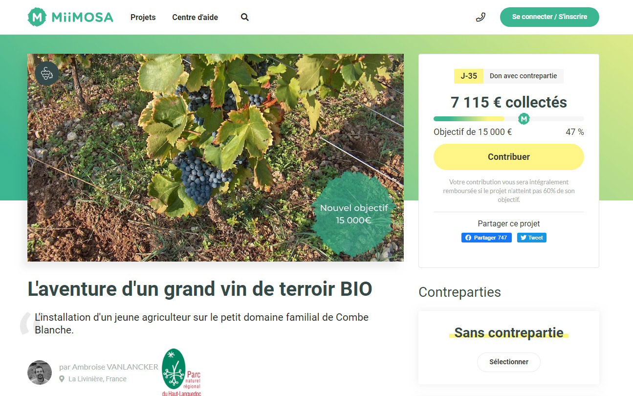Appel à Financement participatif pour le domaine Combe Blanche BIO sur la plateforme MiiMOSA